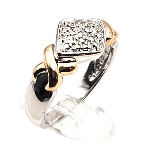 Vintage Sterling Silver 925 Two-Tone Ring With Gold Accents & Textured Diamond-Shaped Centerpiece Size 8