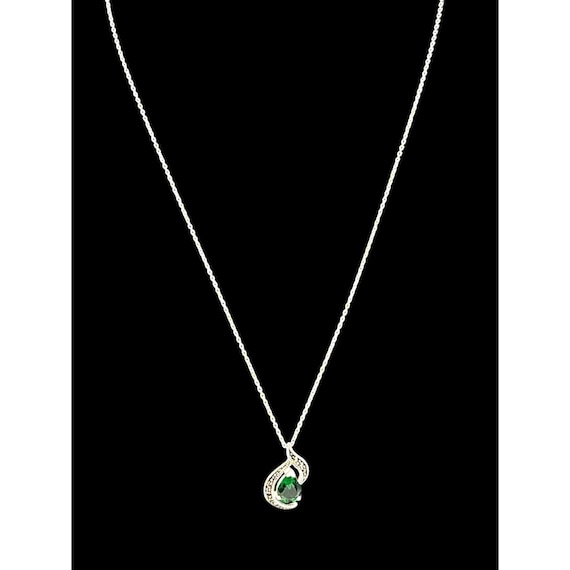 Sterling Silver Green Stone Teardrop Pendant Necklace With Marcasite Accents 18" Chain