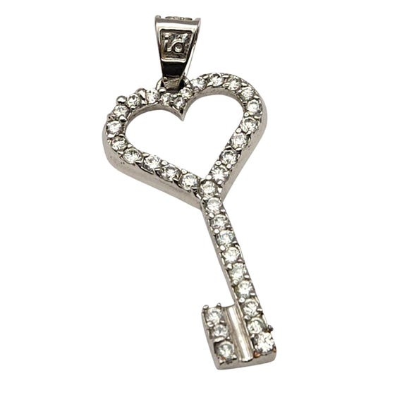 Vintage Silver Tone Crystal Heart Key Pendant 2" x 7/8" Heart Shape Marked By Maker As Id