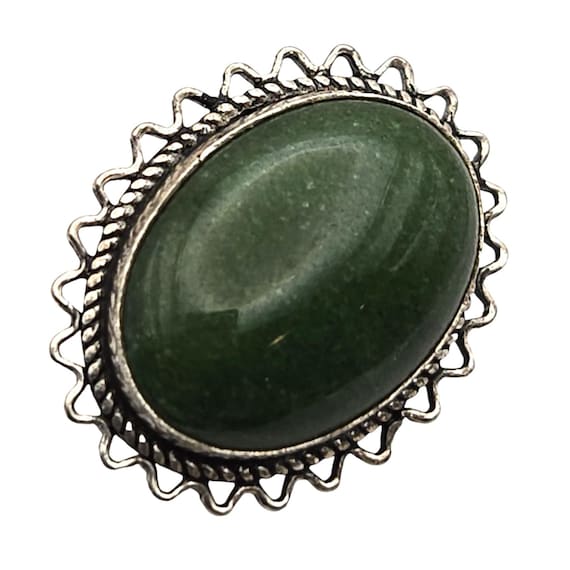 Vintage 925 Sterling Silver Green Jade Oval Brooch Pin