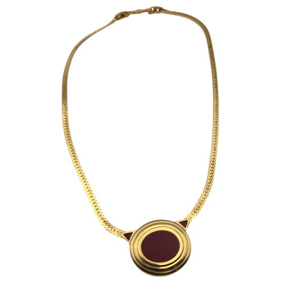 Vtg. Monet MCM Enamel Pendant Necklace With Red Lucite Center Medallion & Slimline Flat Chain