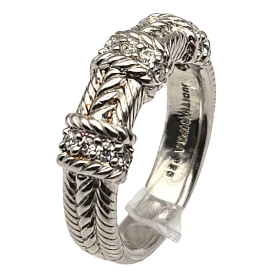 Vtg Judith Ripka Sterling Silver Band Ring W/ CZ Accents Rope Design Size 10 Timeless Elegance