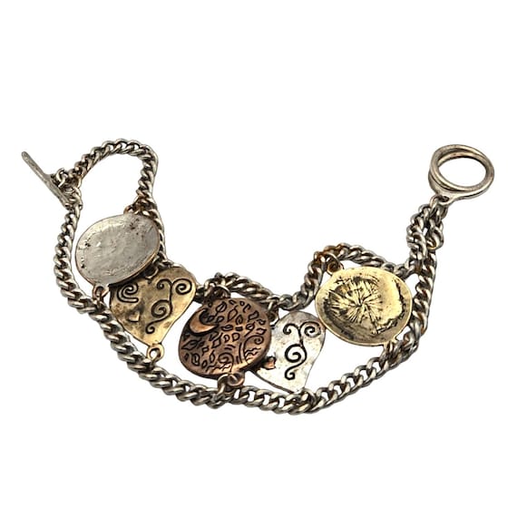 Boho Vintage Charm Bracelet With Mixed Metal Discs & Dream Motif