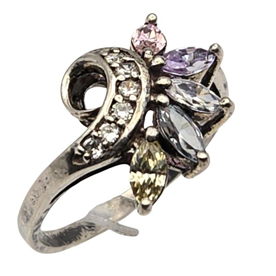 Vtg. 925 Sterling Silver Multi-Gemstone Flower Ring With Marquise & Round Cut Stones Size 9
