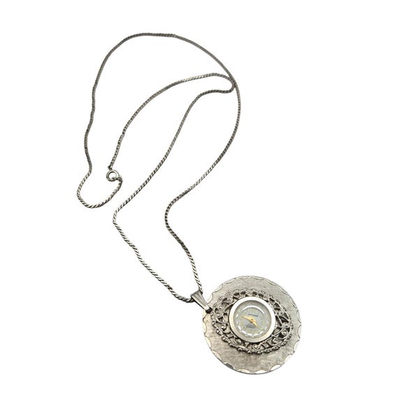 Vtg Hawthorne Swiss Necklace Pendant Watch Silver Tone Finish 13.5" Pendant W/ 24" Chain 1.5" Diameter Untested
