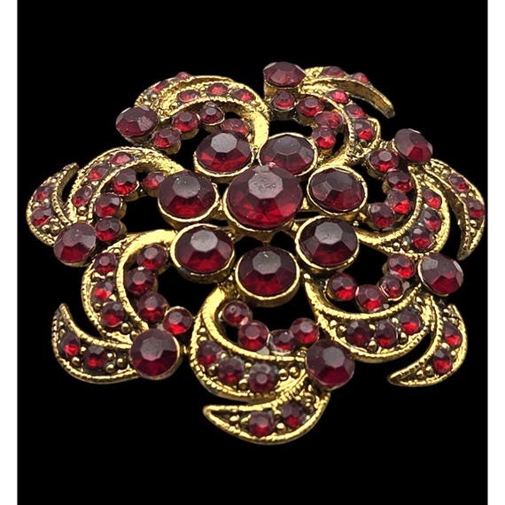 Vintage Gold-Tone Pinwheel Brooch With Red Rhinestones For The Holidays