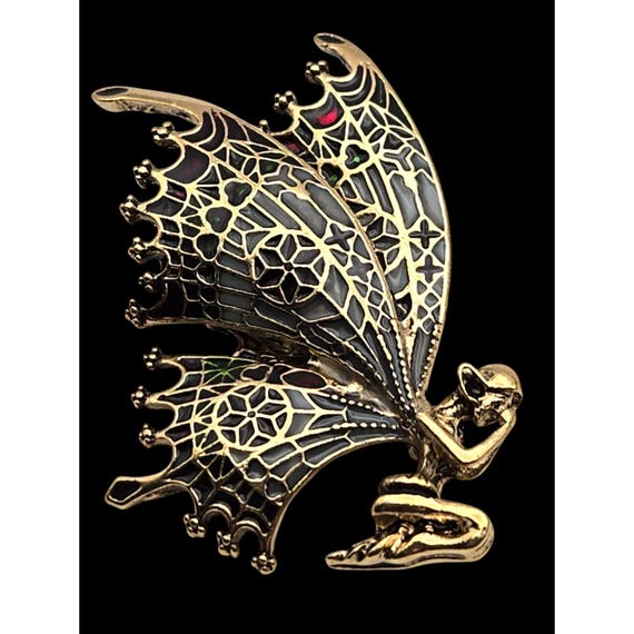 Vintage Bronze Tone Fairy Brooch Pin With Intricate Enamel Wings 2 "