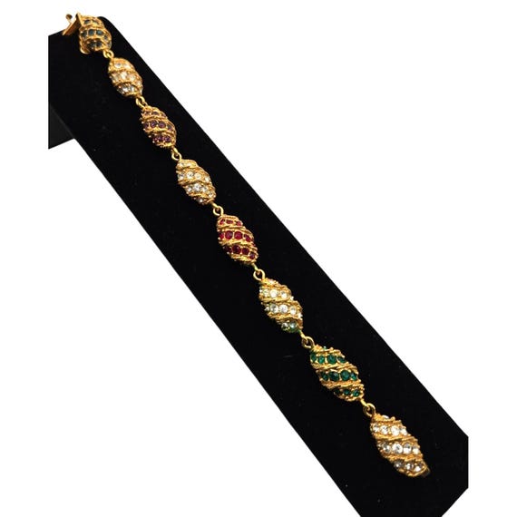 Jbk Vintage Camrose & Kross Gold Tone Easter Egg Bracelet W/ Red Green Blue Rhinestones