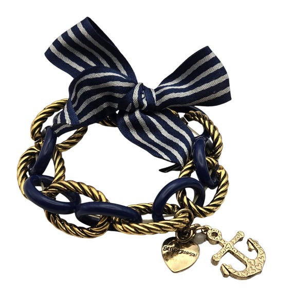 Vtg Betsy Johnson Ship Shape Bracelet W/ Rhinestone Anchor & Striped Bow 6 1/2 - 6 3/4