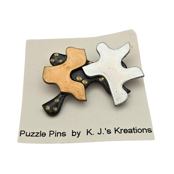 Vintage K.J.s Kreations Gold & Silver Puzzle Piece Pin Brooch