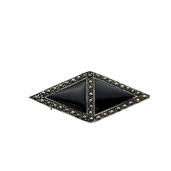 Vintage Sterling Silver & Black Onyx Marcasite Geometric Brooch Pin