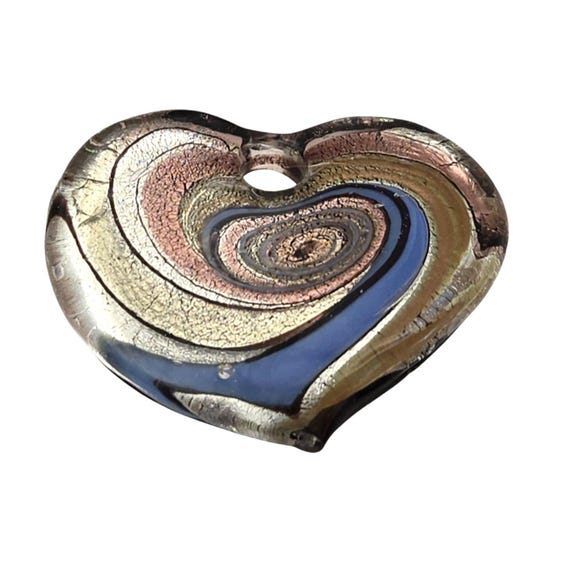Murano Glass Heart Pendant Vintage Swirl Design Gold & Copper Tones Handmade Jewelry Craft Supply