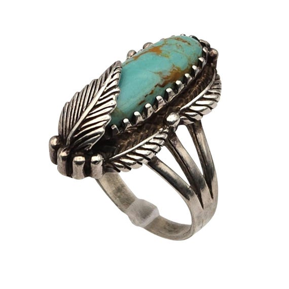 Vintage Carol Felley Sterling Silver Turquoise Ring With Leaf Design Size 11 Handcrafted Jewelry