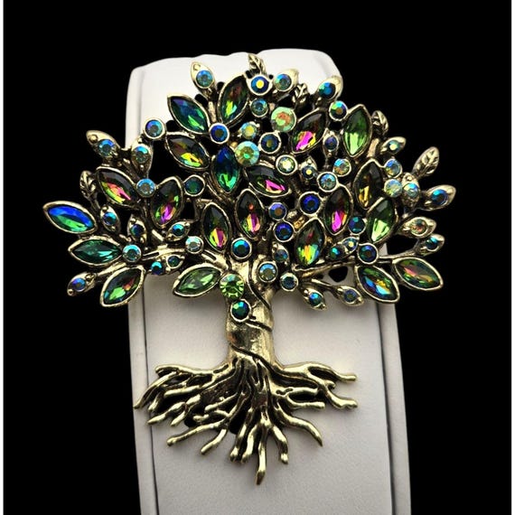Gold Tone Tree Of Life Brooch With Multicolor Crystals Pin Jewelry