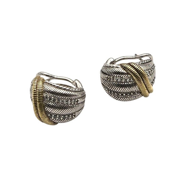Vtg Judith Ripka Sterling Silver & Gold Tone Clip Earrings With CZ Crystal Accents