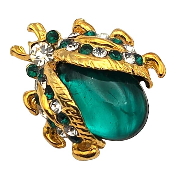 Gold-Tone Ladybug Brooch With Green & Clear Rhinestones 1 1/8 " X 7/8 " Jelly Belly