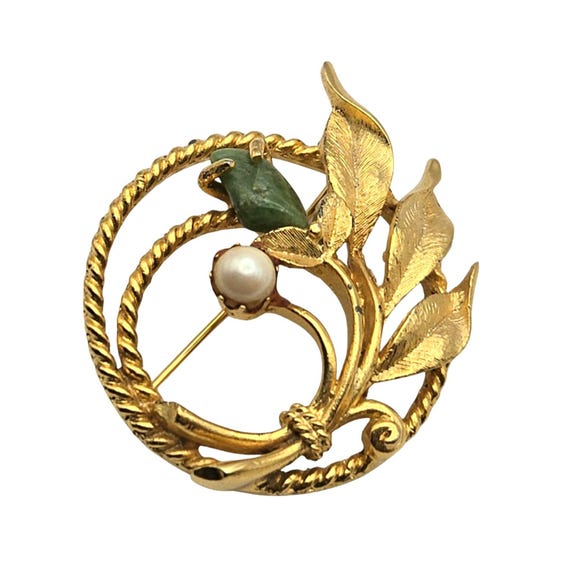 Vintage Sarah Coventry Gold Tone Circle Brooch With Faux Pearl & Agate Stone Accents 1 3/4 " x 1 1/2 "