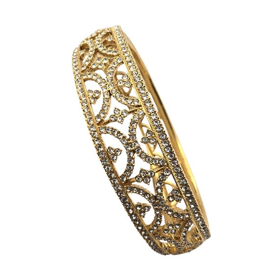 Vtg Napier Gold-Tone Crystal Rhinestone Latch Bangle Bracelet
