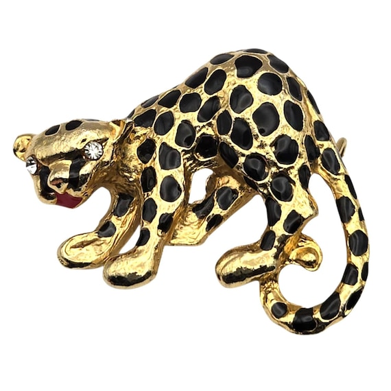 Vintage Gold-Tone Leopard Brooch With Black Enamel Spots & Rhinestone Eyes - 2" X 1.5"