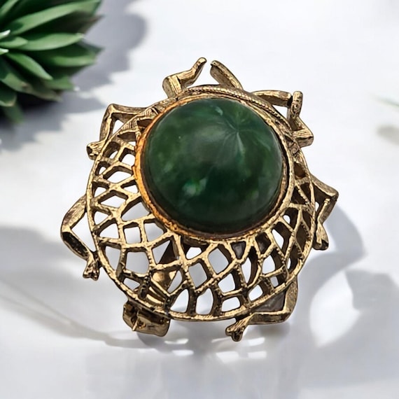 Vintage JJ Gold Tone Beetle Brooch With Green Stone Center