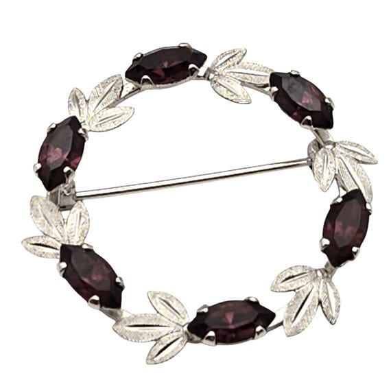 Vtg Sterling Silver Wreath Brooch W/ Purple Rhinestones & Satin Finish Leaves 1 1/4" Marquise Cut Stones