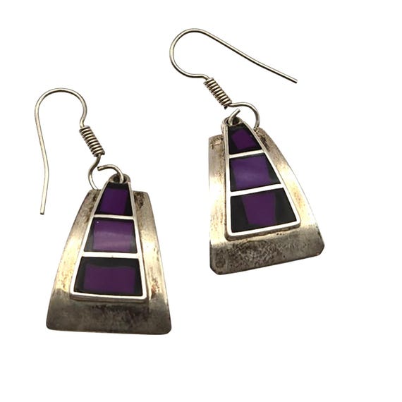 Vintage Sterling Silver Mexican Dangle Earrings With Purple & Black Inlay Design