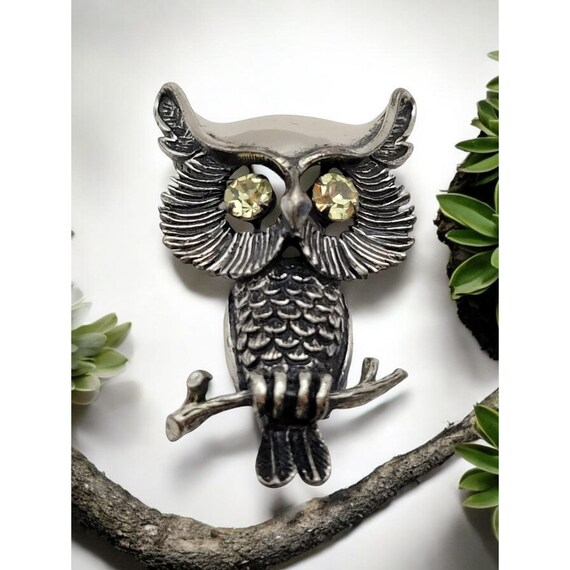 Vintage Beau Sterling Silver Owl Brooch With Rhinestone Eyes