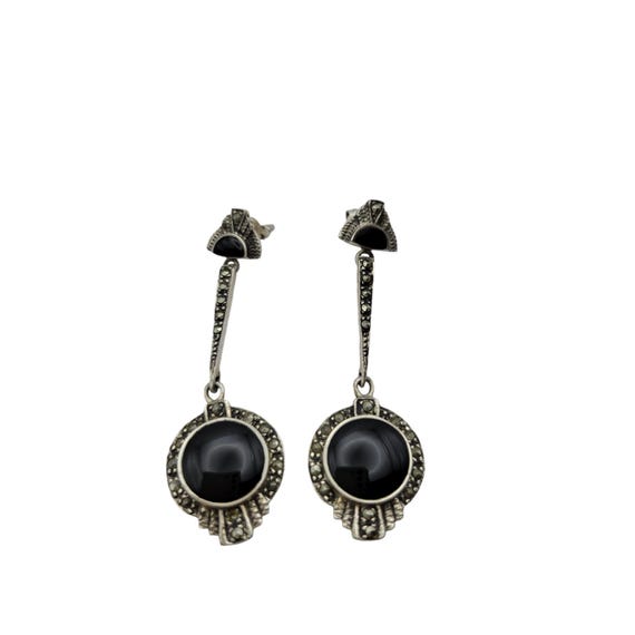 Vintage Art Deco Style Sterling Silver & Onyx Drop Earrings