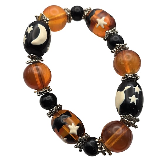Vintage Halloween Motif Beaded Stretch Bracelet With Ghouls Goblins & Ghost Accents 6- 6 1/2