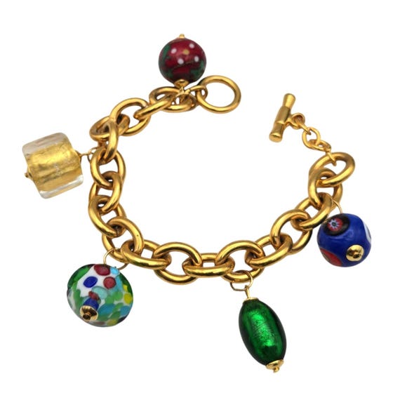 Vtg Gold Tone JTV Millefiori Art Glass Charm Bracelet With Colorful Beaded Accents & Toggle Clasp