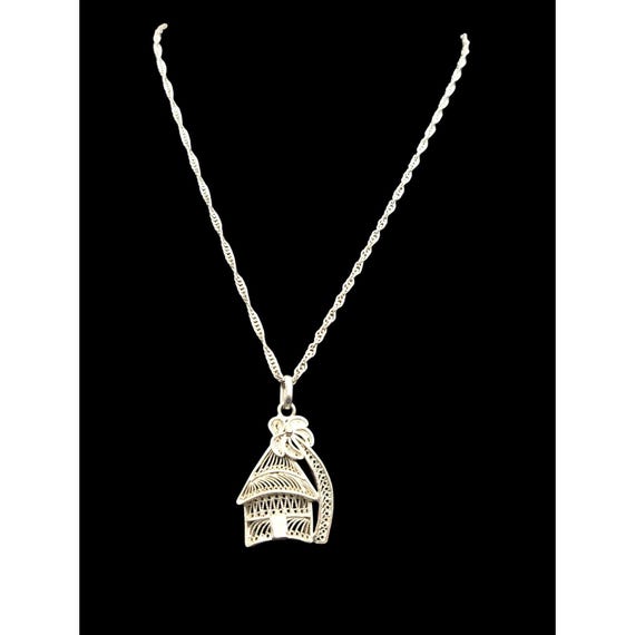 Vintage Sterling Silver Beach Hut Pendant Necklace 10 "