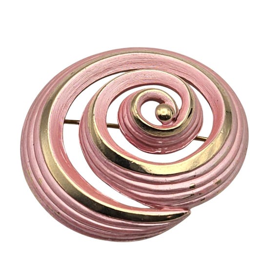 MCM Pink Swirl Geometric Brooch/Pin With Gold Accents & Retro Design 1 5/8 " w/ 1/2 " Rise