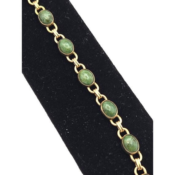 Vintage WRE Gold Filled Green Jade Cabochon Link Chain Bracelet 7.25" Length