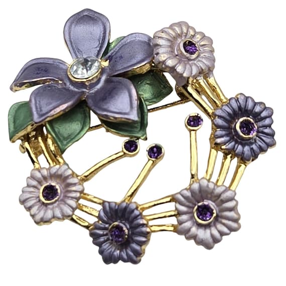 Vintage Floral Enamel & Rhinestone Brooch Lavender / Gold