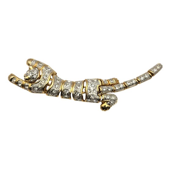 Vintage 1980s Articulated Rhinestone Panther Brooch Gold Tone Jewelry Statement Piece