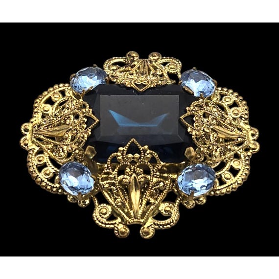 Vintage Gold Filigree Brooch With Blue Rhinestones & Ornate Design West Germany Construction 2 " X 1 3/4 "