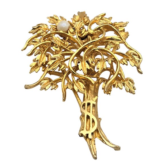 Vtg Gold Tone Money Tree Brooch W/ Faux Pearl Accent Pin Elegant Jewelry 2 3/4 " x 1 7/8 "