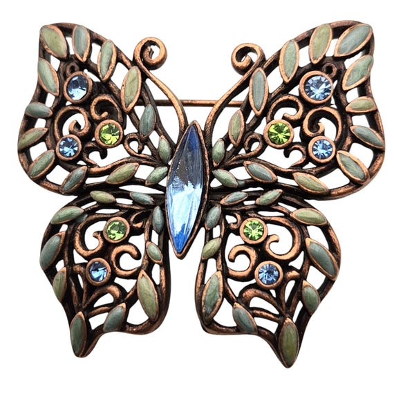 Vintage Copper Butterfly Brooch With Colorful Rhinestones & Enamel Filigree Design