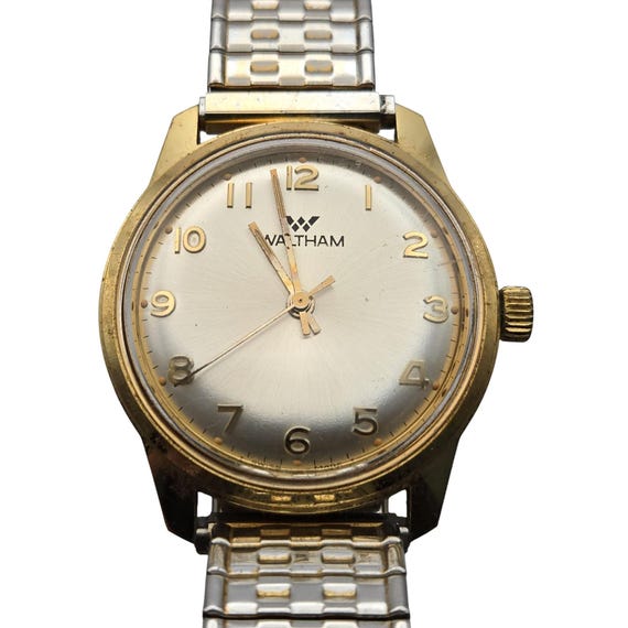 Vintage Waltham Mens Wristwatch Gold Tone Stainless Steel Band Shock-Protected 1 1/4 " Face