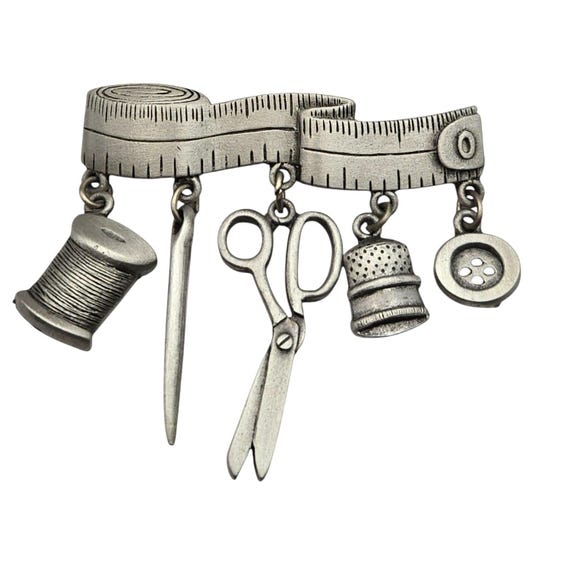 Vtg JJ Jonette Pewter Finish Sewing Notion Brooch Pin Seamstress Jewelry 2" X 2" Button Scissors Thimble Spool & Needle Design