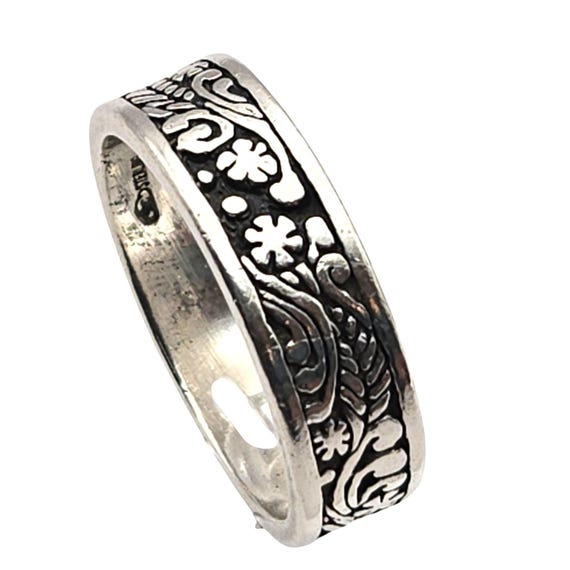 Handcrafted Sterling Silver Floral Design Band Ring Size 12 Vintage Look Jewelry
