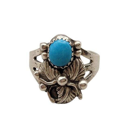 Vintage Native American Sterling Silver & Turquoise Floral Ring Size 7 1/4