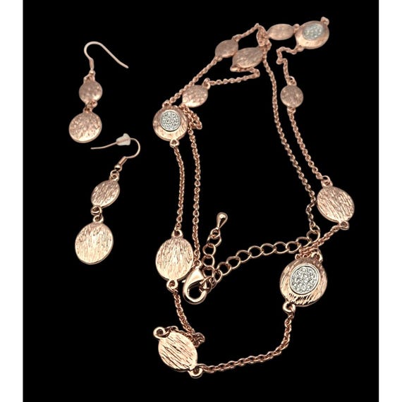 Vintage Park Lane Copper Colored Chain Necklace & Earring Set With Rhinestone Accents 36 "