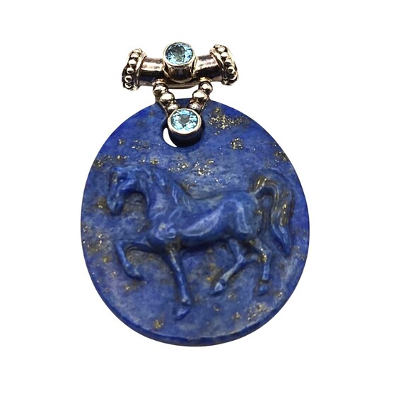 Vtg Sajen Sterling Silver & Lapis Lazuli Horse Pendant W/ Blue Gem Accents