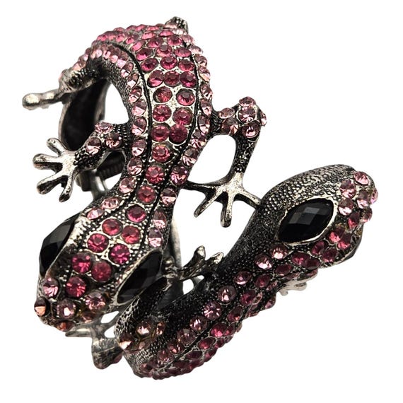 Vintage Rhinestone Gecko Bangle Bracelet With Pink And Black Crystals For Women