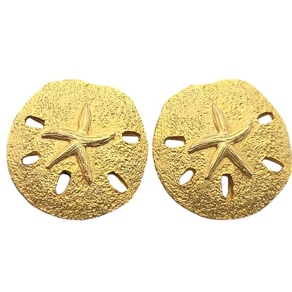 Vtg Goldtone Sand Dollar Clip-On Earrings Sea-Inspired Jewelry Retro Beach Theme 7/8 "