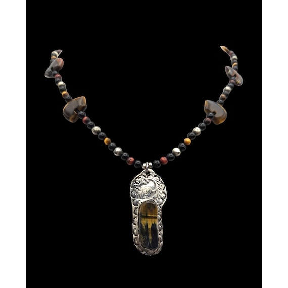 Vintage Native American Sterling Silver & Tiger Eye Beaded Necklace Signed By AL 13 " NAVAJO