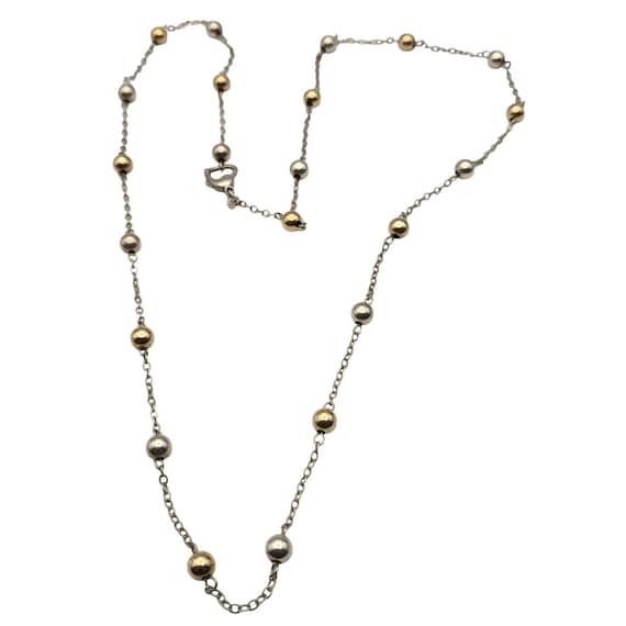 Vtg Sterling Silver & 14 Kt Gold Beaded Necklace 26" Length W/ 3/16" Beads Marked PE 925 / 14 Kt Heart Clasp