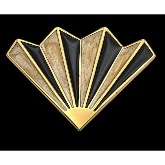 Vintage Monet Pearl Enamel Fan Brooch Gold Tone Art Deco Style MCM GIFT