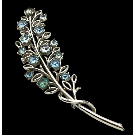 Vintage CORO Silver Leaf Brooch With Blue and Green Rhinestones